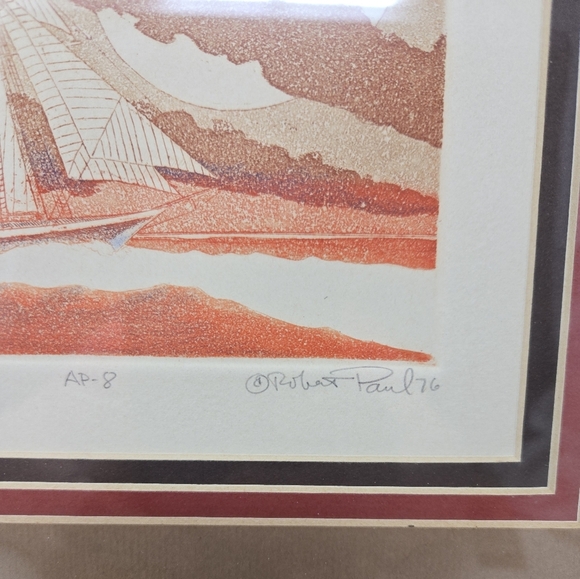 Schooner By Robert Paul 1976 Original Etching Signed By Artist In Wood Frame - Picture 7 of 16